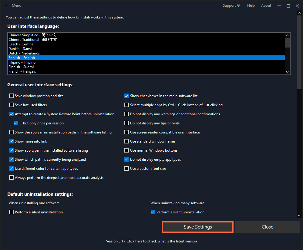 Uninstalr settings for customizing software analysis and removal