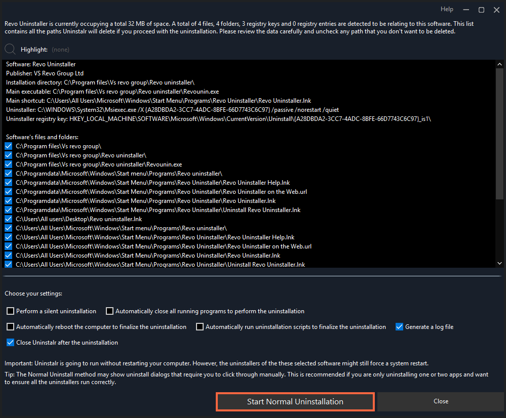 Uninstalr preview of data that will be removed