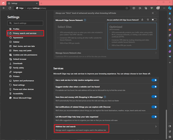 Choose privacy, search, and services > select Address bar and search