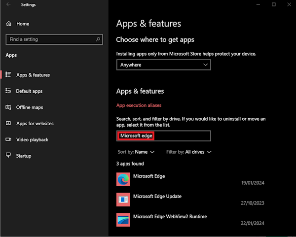 Look up Microsoft Edge from 'Apps' page