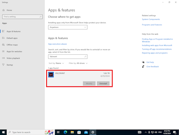 Uninstall Valorant through Windows Apps & Features