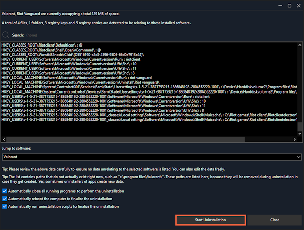 Review data before uninstalling Valorant