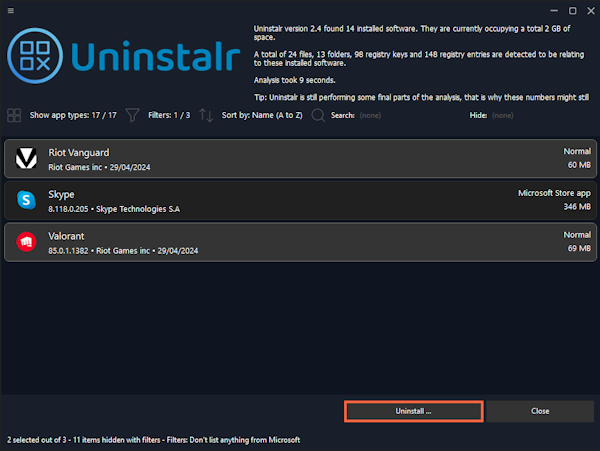 Choose Vanguard and Valorant to uninstall