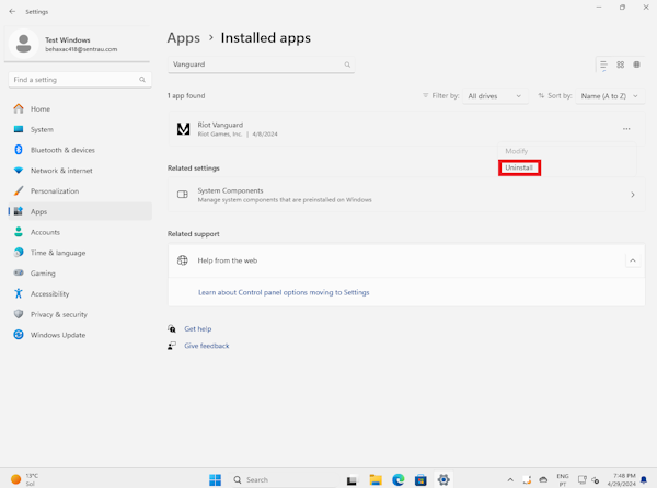 Uninstall Vanguard from Apps & Features in Windows 11