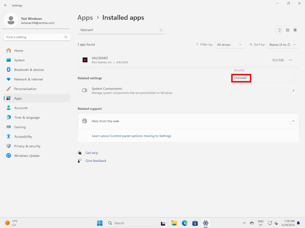 Uninstall Valorant from Apps & Features on Windows 11