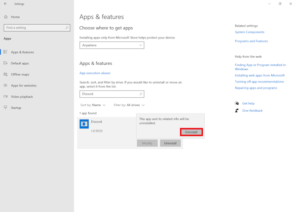 Click Uninstall to uninstall Discord