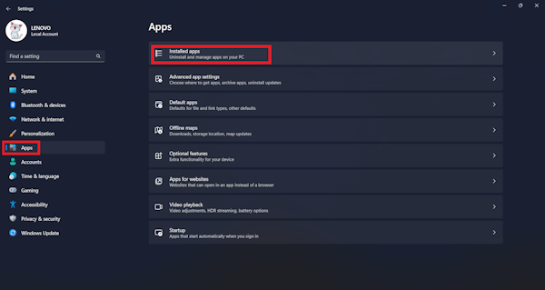 Choose Apps and then Installed apps