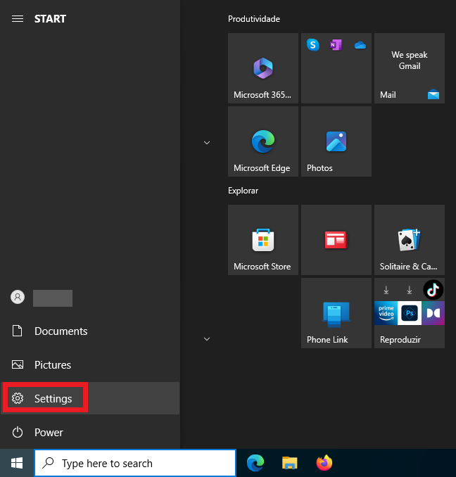 Open Settings in Windows 10