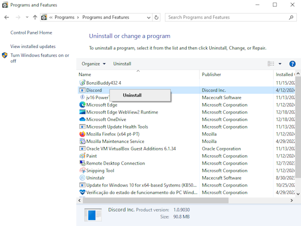 Right-click Discord to uninstall Discord