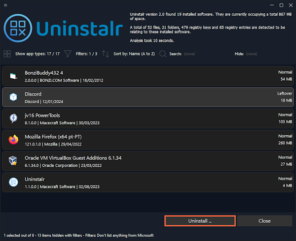 Choose Discord and then the Uninstall button