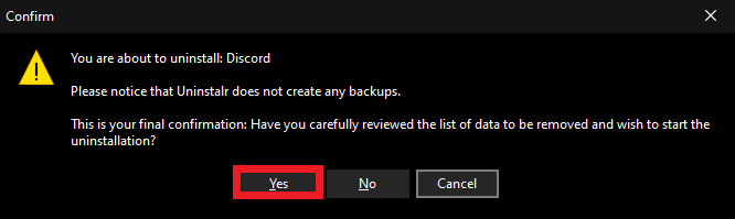Click Yes to confirm Discord uninstallation