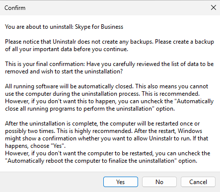 Confirm uninstallation of Skype for Business