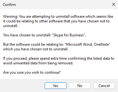 Click Yes to uninstall Skype for Business