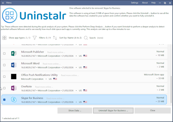 Select Skype for Business in the list of installed apps