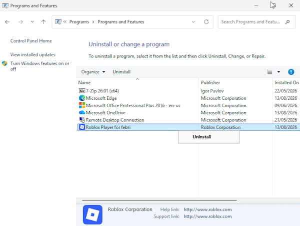 Uninstall Roblox from Control Panel