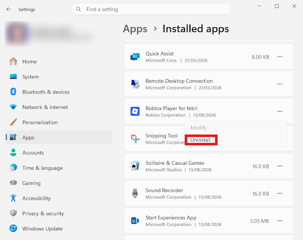 Uninstall Roblox from Windows Settings